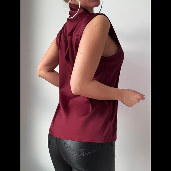 Women's Silk Satin Bow Tie Knot Mock Neck Sleeveless Blouse Top - Picture 3 of 8